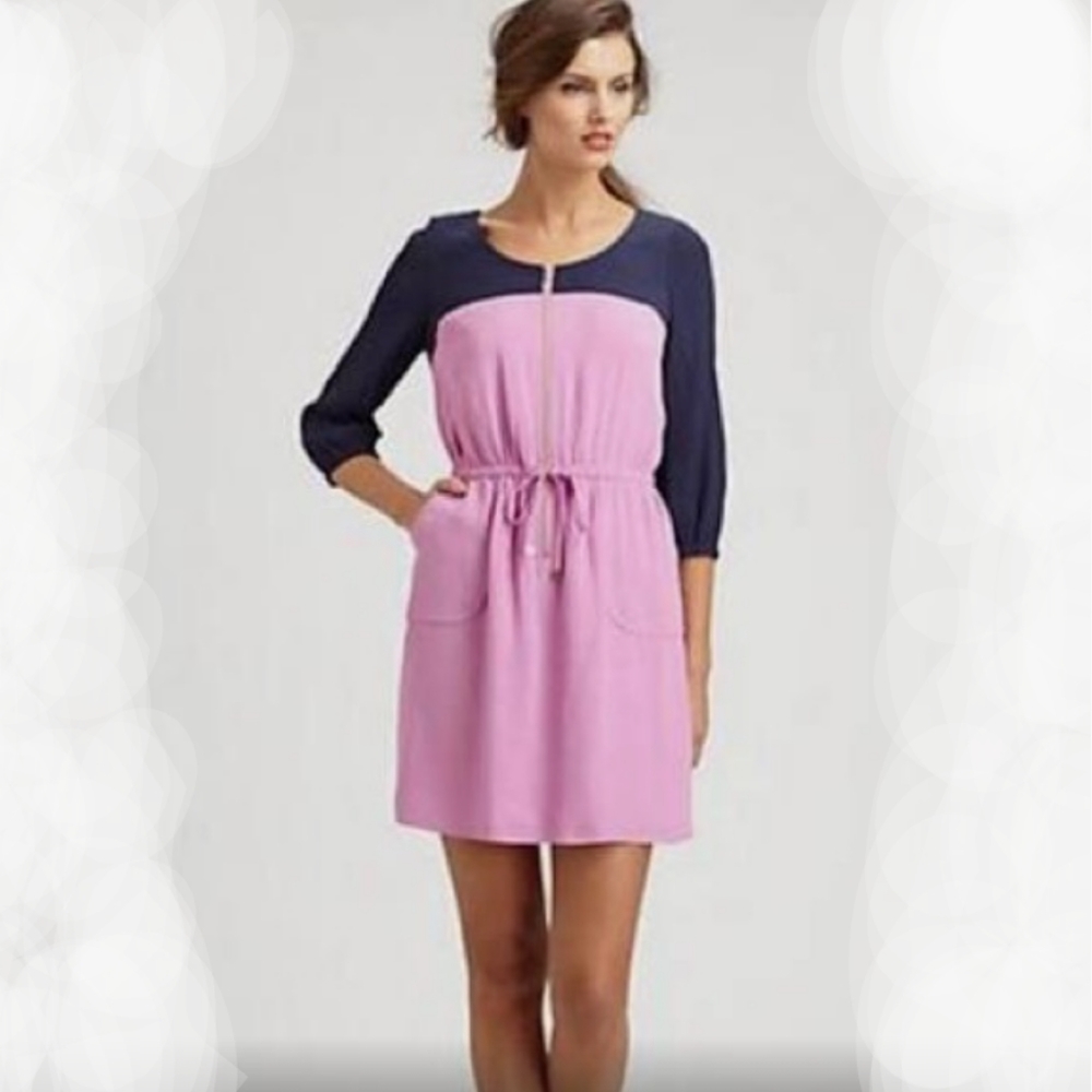 Lilly Pulitzer Sessilee Navy/Fuschia Pink 3/4 Sleeve Zip Front Colorblock Dress